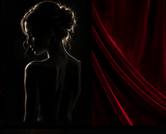 Elegant silhouette beside red velvet curtains
